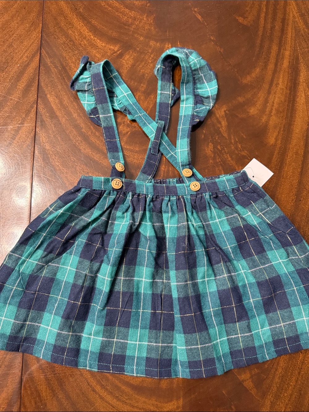 Little Me Plaid Suspender Skirt in Teal and Navy